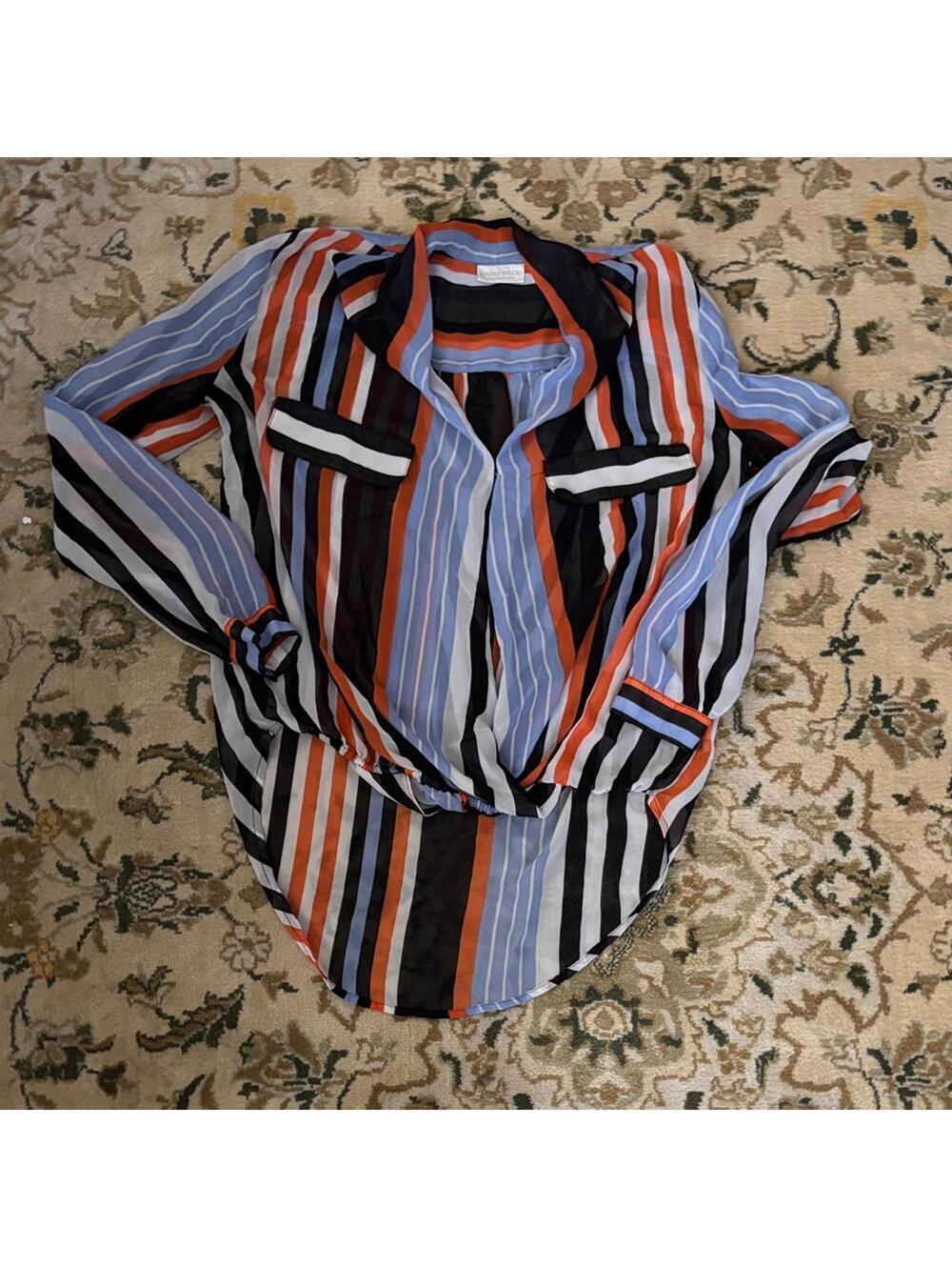 Bisou Bisou Striped Blue Orange Women's Top High Low Sheer Long Sleeve Coat Tail